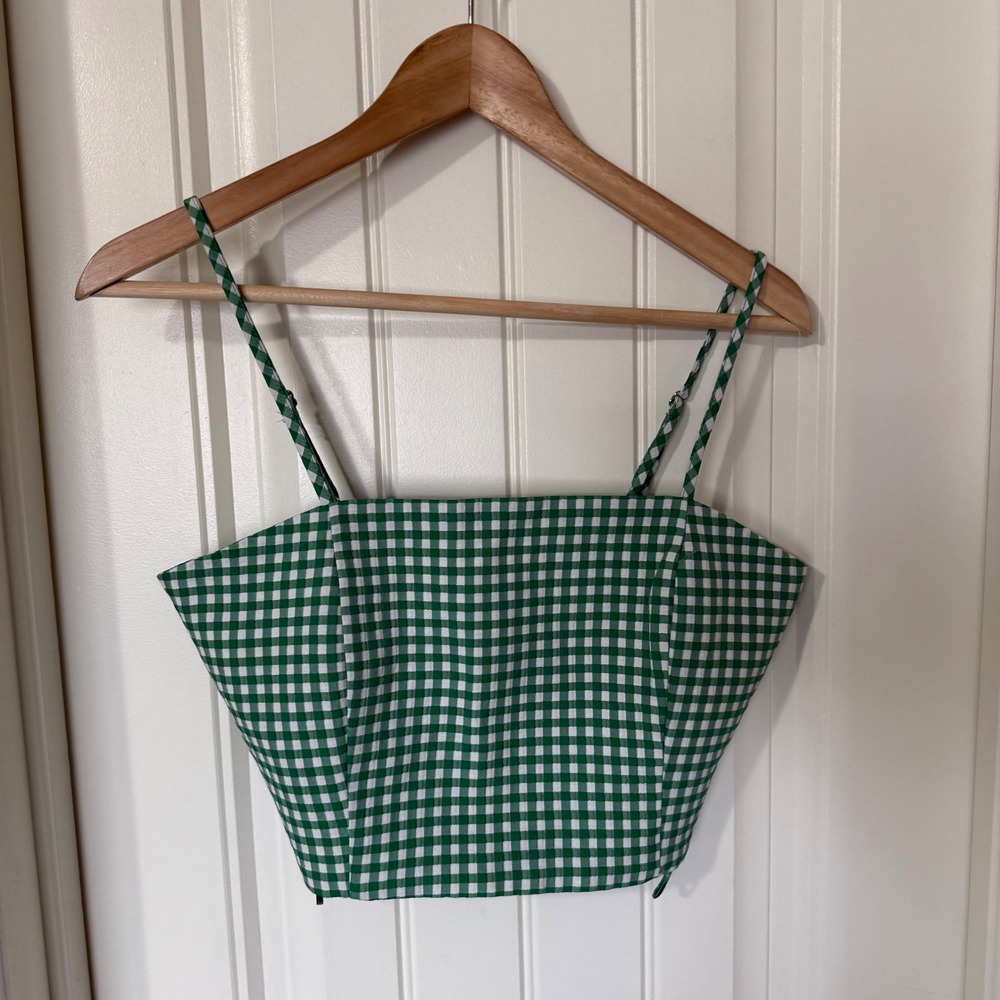 Zara Green White Gingham Smocked Crop Top Camisole Square Neck Spaghetti Strap M - Picture 2 of 8
